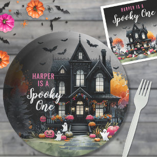 Enge Eén Roze Halloween 1e Verjaardagsfeestje Papieren Bordje