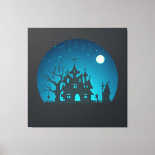 Enge en Leuke Blauwe en Zwarte Spookhuis Canvas Afdruk