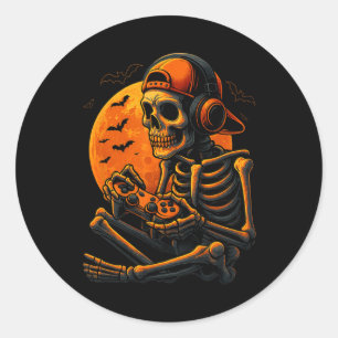 Enge Gamer Halloween Griezelig Skelet Speelt Vide Ronde Sticker