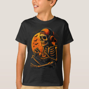 Enge Gamer Halloween Griezelig Skelet Speelt Vide T-shirt
