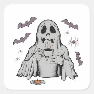 Enge Geest Drinkende Koffie Cafeïne Halloween Vierkante Sticker