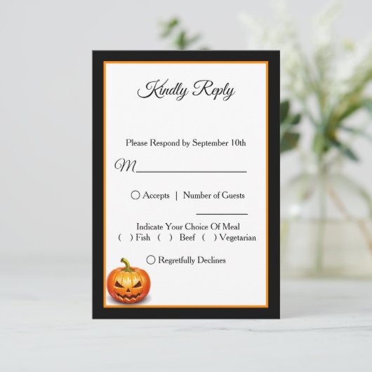 Enge Halloween Pompoen Bruiloft RSVP Kaart (Staand voorkant)