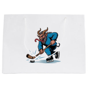 Enge Krampus die ijshockey speelt met Kerstmis Groot Cadeauzakje
