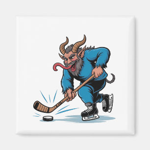 Enge Krampus die ijshockey speelt met Kerstmis Magneet
