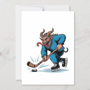 Enge Krampus die ijshockey speelt met Kerstmis Magnetische Uitnodiging