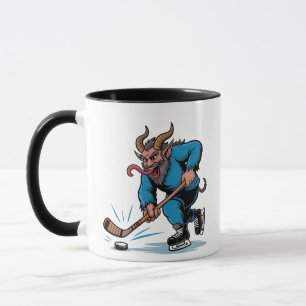 Enge Krampus die ijshockey speelt met Kerstmis Mok