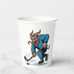 Enge Krampus die ijshockey speelt met Kerstmis Papieren Bekers