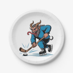 Enge Krampus die ijshockey speelt met Kerstmis Papieren Bordje