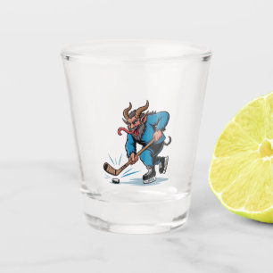 Enge Krampus die ijshockey speelt met Kerstmis Shot Glas