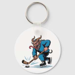 Enge Krampus die ijshockey speelt met Kerstmis Sleutelhanger