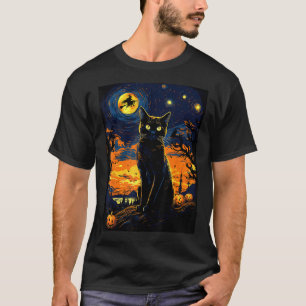 Enge Nacht Kat Van Gogh- Kat Zwarte Halloween Pomp T-shirt