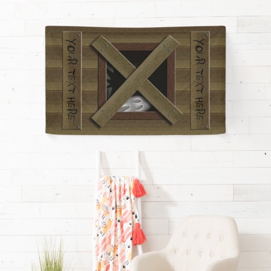 Enge nep gebroken raam met spook Jouw tekst Spandoek (Insitu)