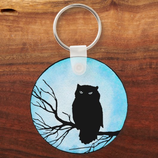 Enge Uil met Zilveren Blauwe Waterverf Sleutelhanger (Voorkant)