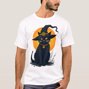 Enge vintage zwarte kat met heksenhoed Volle maan  T-shirt