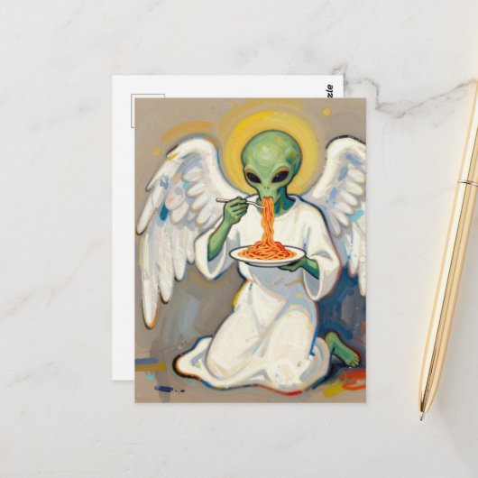 Engel Alien Eet Spaghetti Briefkaart (Voorkant / Achterkant in situ)