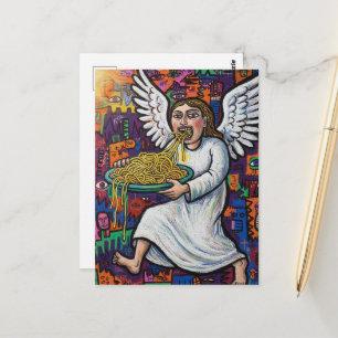 Engel die spaghetti eet in art brut stijl briefkaart