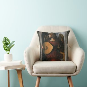 Engel in het rood met een luit van Leonardo da Vin Kussen