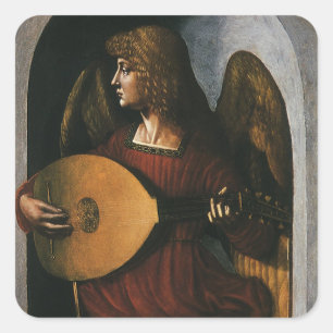 Engel in het rood met een luit van Leonardo da Vin Vierkante Sticker