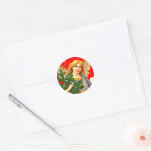 Engel in lavendel met kerstboom ronde sticker