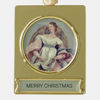 Engel in roze en wit:  verguld banner ornament