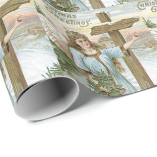Engel Kerstboom Kruis Winter Cottage Cadeaupapier