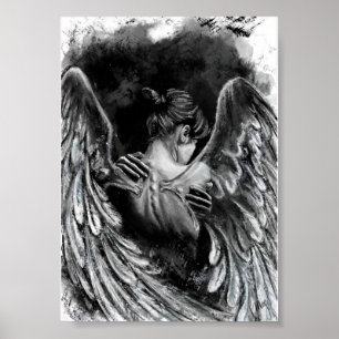 Engel Meisje Poster - Zwart en Wit Schilderij