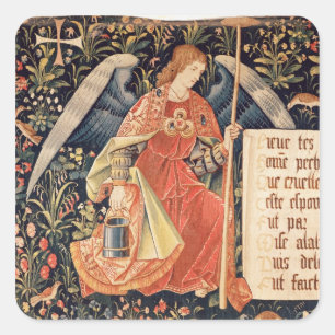 Engel met een spons bevestigd aan een staaf vierkante sticker