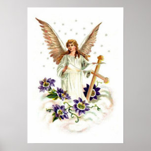 Engel met kruis en clematisbloemen poster