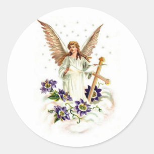Engel met kruis en clematisbloemen ronde sticker
