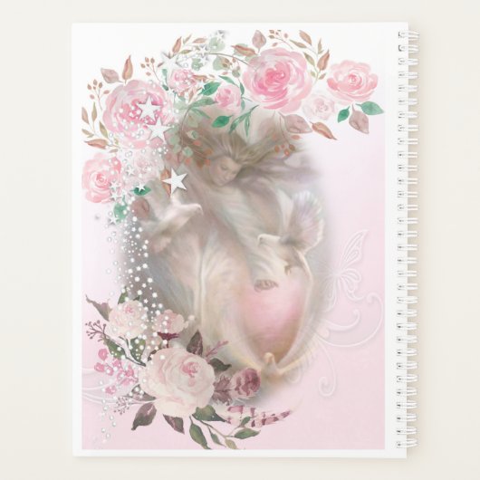 Engel met witte duiven Roze rozen Monogrammed Planner (Achterkant)