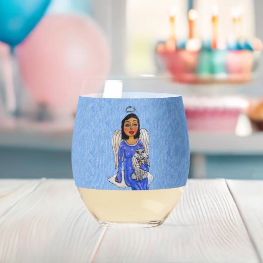 Engel met witte kat op wolk Hemelblauw Wijnglas Zonder Voet (Insitu (Baby Shower))