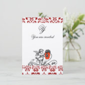 ENGEL SCHILDERT EEN RODE BLOEM DAMAST MONOGRAM KAART (Staand voorkant)