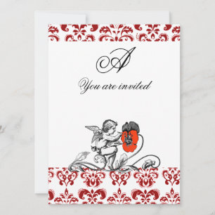 ENGEL SCHILDERT EEN RODE BLOEM DAMAST MONOGRAMM KAART