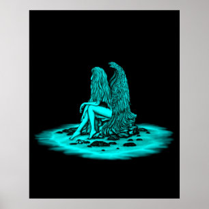 Engel, verloren in gedachten, zwart en groen ontwe poster