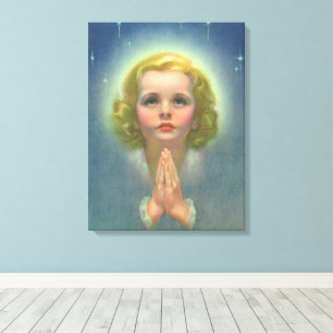 Engelachtig blond meisje met halo en sterren die b canvas afdruk