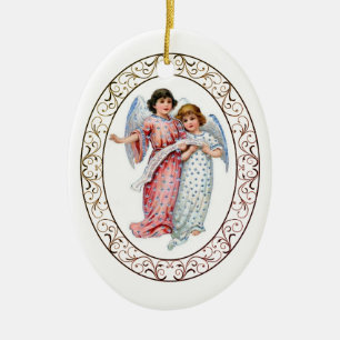 Engelen in roze en blauw keramisch ornament