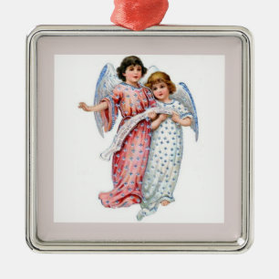 Engelen in roze en blauw metalen ornament
