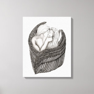 Engelen kussen , zwart-wit ontwerp canvas afdruk