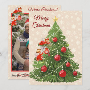 Engelen versieren de boom Creme Feestdagenkaart