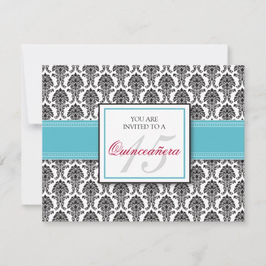 ENGELH Aqua Damask Quinceanera Uitnodiging (Voorkant)