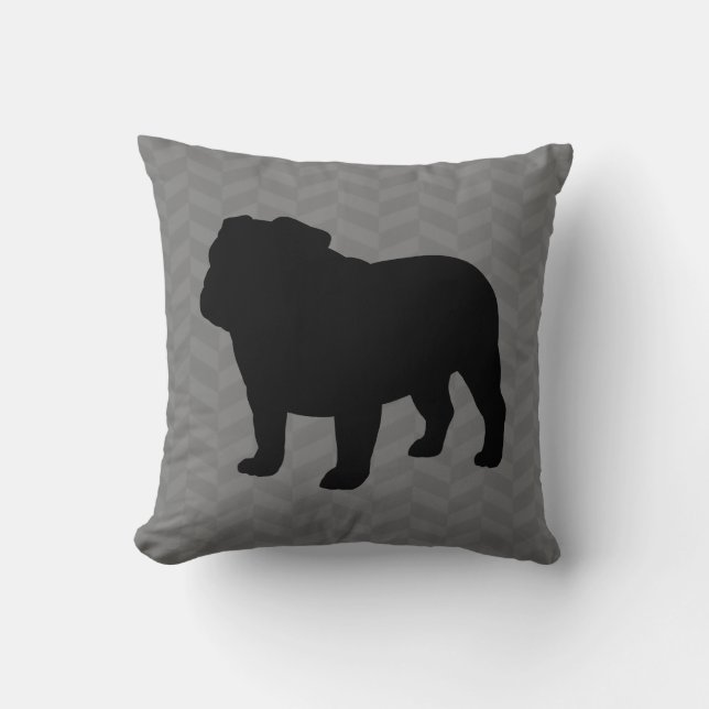 Engels Bulldog Silhouette op Gray Herringbone Kussen (Voorkant)