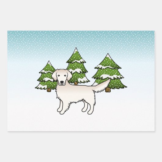 Engels Cream Golden Retriever in Winter & Trees Inpakpapier Vel (Voorkant)