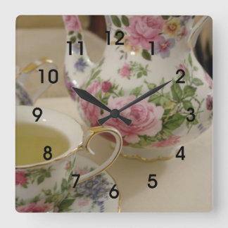 Engels Floral Teapot Teacup Wall Clcok Vierkante Klok