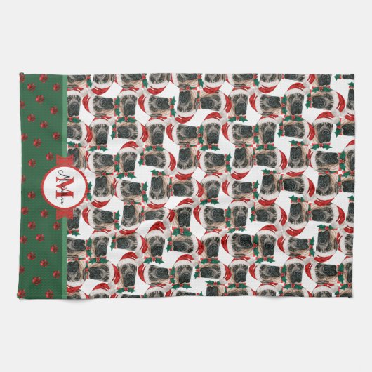 Engels Mastiff Pattern Monogram Kerstmis Dog Theedoek (Horizontaal)