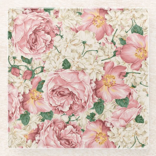  Engels Roos en Hydrangea Flowers Pattern Glazen Onderzetter (Voorkant)