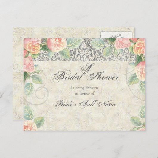 Engels Roos & Silver Bridal Shower Invitation Uitnodiging Briefkaart (Voorkant / Achterkant)