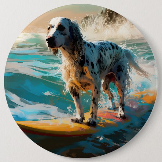Engels setter strand surfen schilderij ronde button 6,0 cm (Voorkant)