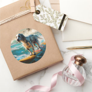 Engels setter strand surfen schilderij ronde sticker