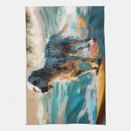 Engels setter strand surfen schilderij theedoek (Verticaal)