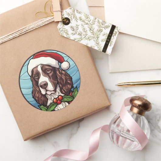 Engels Springer Spaniel Glas in lood Kerst Ronde Sticker (Geschenken)